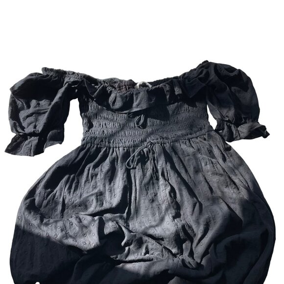 Women’s Maxi‎ Black Dress Square Neck Puff Sleeves Sz XL Smoked Flowy Polka Dot - Picture 9 of 11